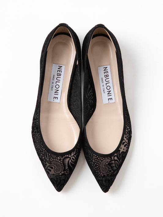 フロッキープリントレースフラットパンプス 7307T/MACA/BLACK