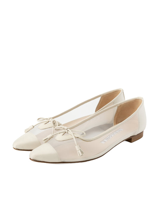 タッセルリボンメッシュフラットシューズ 7612/PINK/WHITE